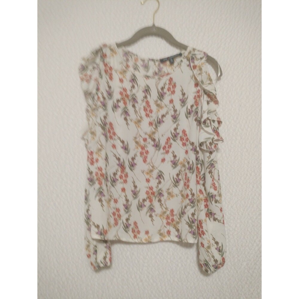 One Clothing Womens Sz Small Cold Shoulder Top  Blouse Cream Floral Sheer Ruffle